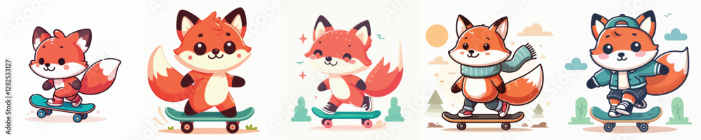 Obraz premium vector cute fox playing skateboard