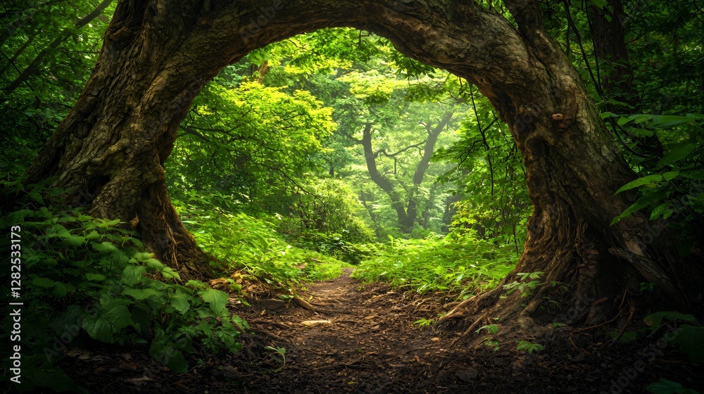 Naklejka premium Enchanted Forest Path: A Sunlit Green Tunnel Through Lush Trees
