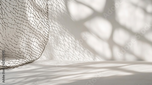 Abstract background with the shadow of a net on a white wall, with light and soft tones, in a minimalistic style, focusing on texture and shape, with clear edges for text or product display,