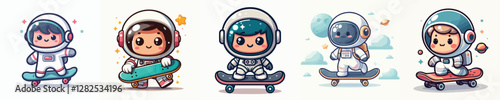 vector of cute astronauts playing skateboarding