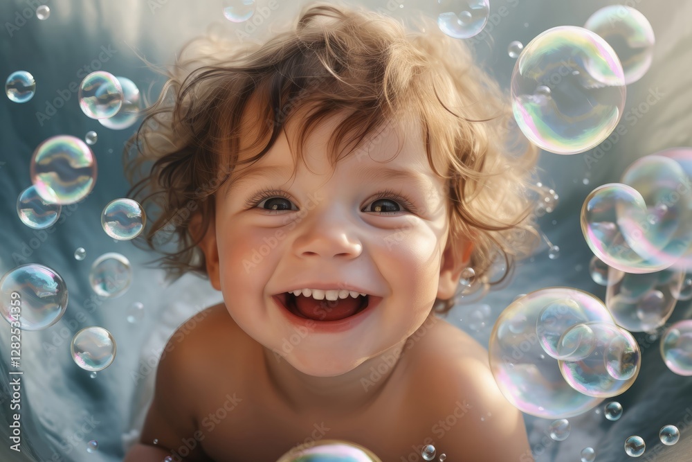 Caucasian toddler with curly blonde hair laughing joyfully among floating soap bubbles on blue background. Natural childhood happiness and play concept for advertising Caucasian toddler with curly blonde hair laughing joyfully among floating soap bubbles on blue background. Natural childhood happiness and play concept for advertising