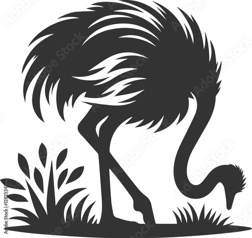 Ostrich lowering its head into a bush animal vector silhouette