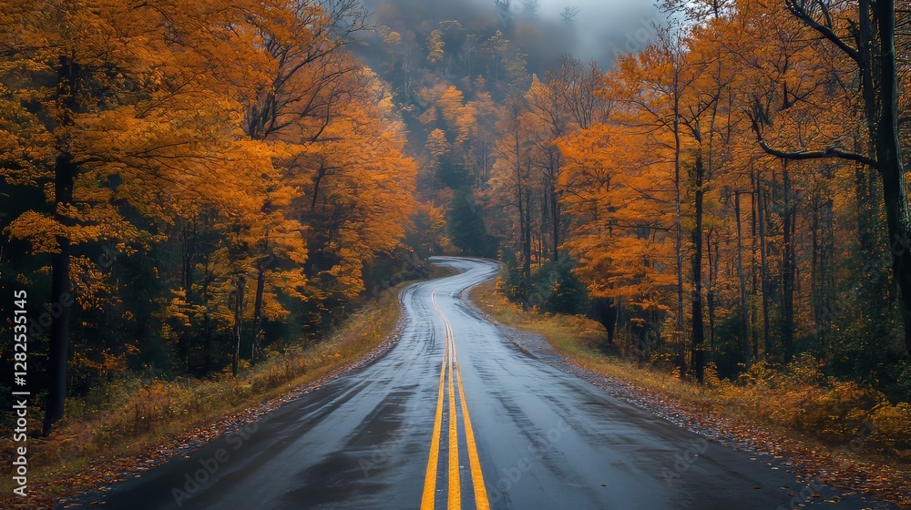 Fototapeta premium Winding Highway Through Vibrant Autumn Landscape in Misty Forest