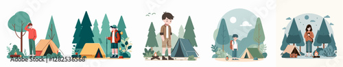 vector a young person standing full body, sadly camping in the forest with a simple and minimalist flat design style, plain white background
