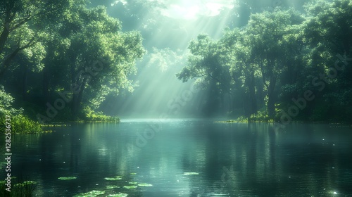 Serene forest landscape with sunlight filtering through trees over a calm river, evoking tranquility