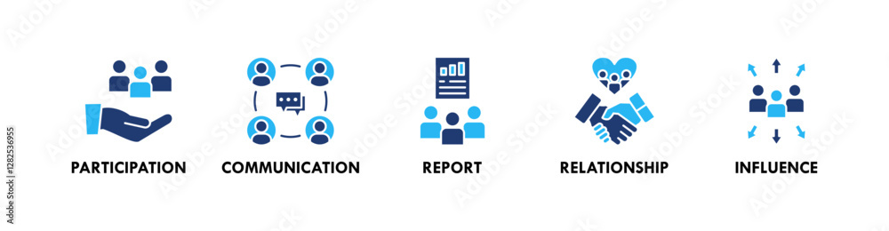 Stakeholder banner web icon illustration concept with icon of participation, communication, report, relationship, and influence Stakeholder banner web icon illustration concept with icon of participation, communication, report, relationship, and influence