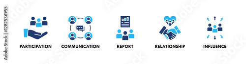 Stakeholder banner web icon illustration concept with icon of participation, communication, report, relationship, and influence