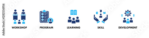 Trainee banner web icon illustration concept with icon of workshop, program, learning, skill, and development