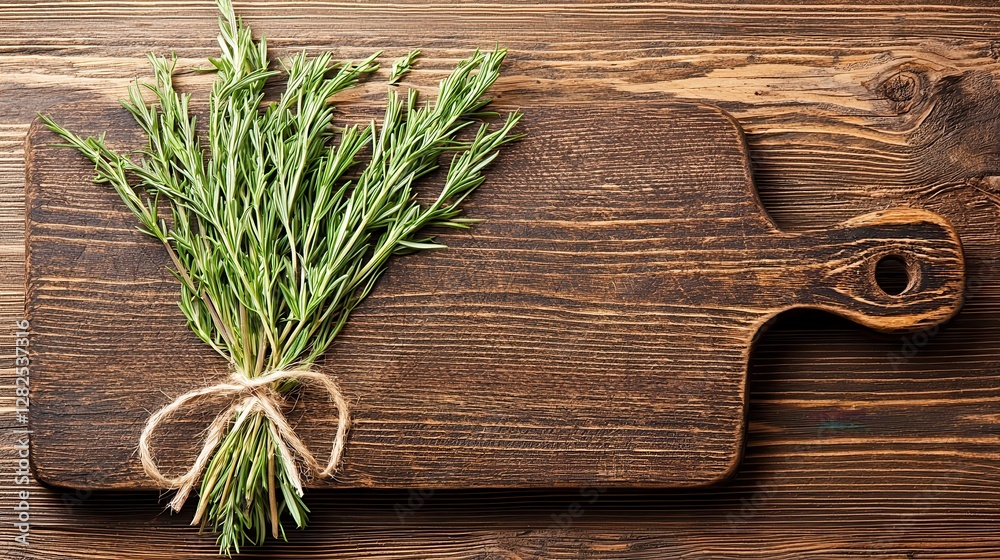 Rustic Wooden Cutting Board with Fresh Rosemary Sprigs Rustic Wooden Cutting Board with Fresh Rosemary Sprigs