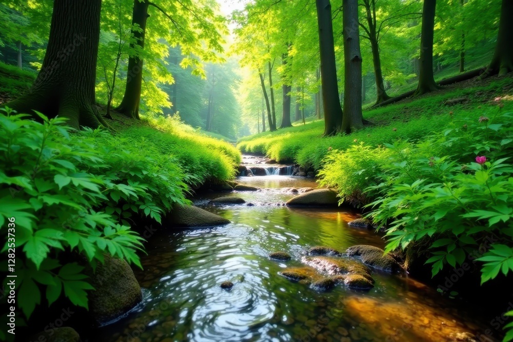 Obraz premium Gurgling brook through ferns, sunlight filters through canopy, water, clear, leaves