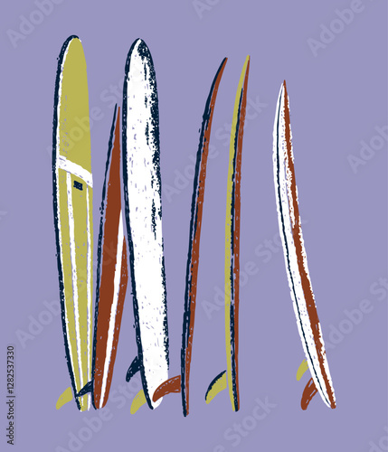 Colorful illustration of old surfboards lined up.