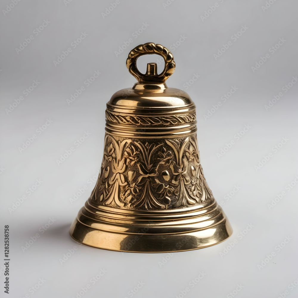A beautifully detailed gold-colored bell with intricate floral engravings A beautifully detailed gold-colored bell with intricate floral engravings
