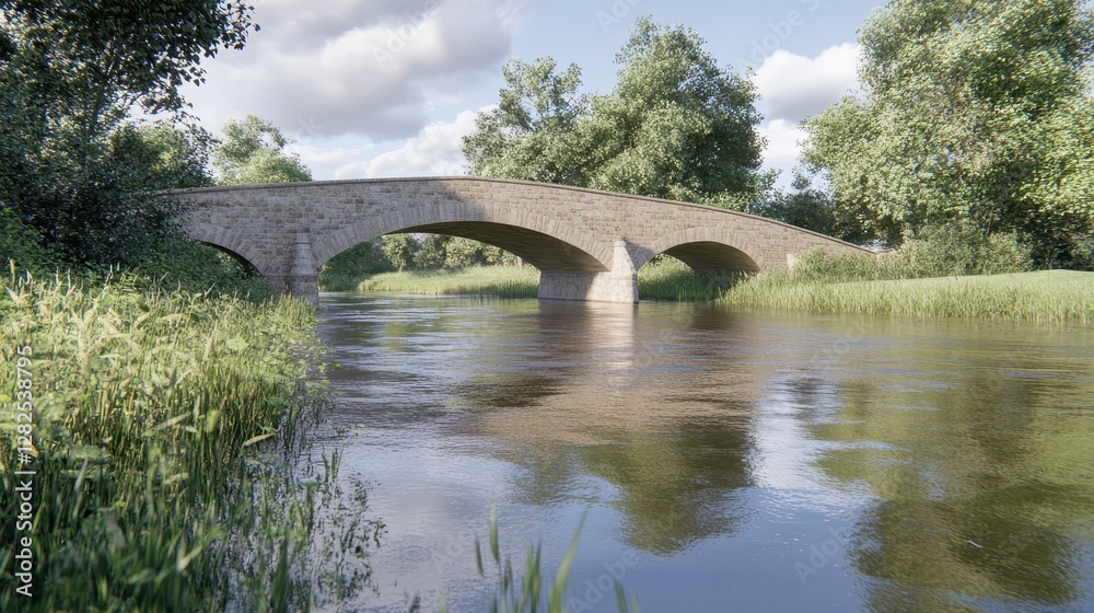 Fototapeta premium Stone Arch Bridge Over Calm River With Lush Green Trees