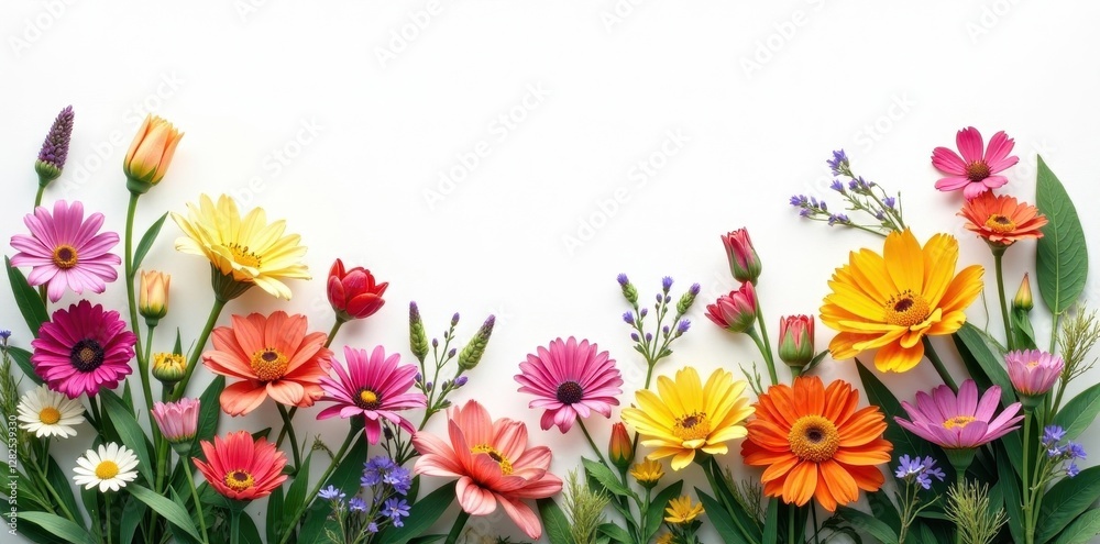 Obraz premium Lush wildflower arrangement, assorted colors, clean white space, floral design, flowers