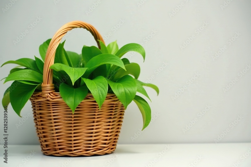 Natural woven wicker basket with lush green leaves, textures, basket Natural woven wicker basket with lush green leaves, textures, basket