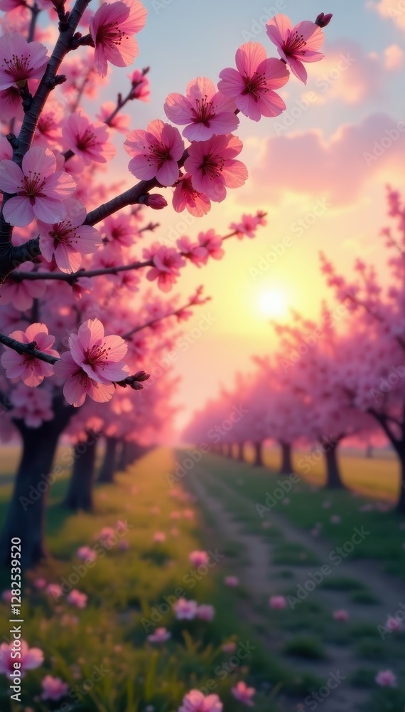 Pastel sunrise over a blooming orchard, branches heavy with blossoms , spring orchard, peaceful, sunrise Pastel sunrise over a blooming orchard, branches heavy with blossoms , spring orchard, peaceful, sunrise