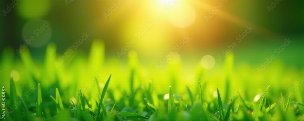 Fototapeta premium Sunlit green grass bokeh background, soft focus , texture, landscape, green