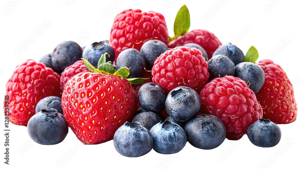 Vibrant Berry Medley: A luscious medley of fresh berries, including raspberries, blueberries, and a strawberry, bursts with color and healthy goodness, captured in a bright, close-up shot. Vibrant Berry Medley: A luscious medley of fresh berries, including raspberries, blueberries, and a strawberry, bursts with color and healthy goodness, captured in a bright, close-up shot.