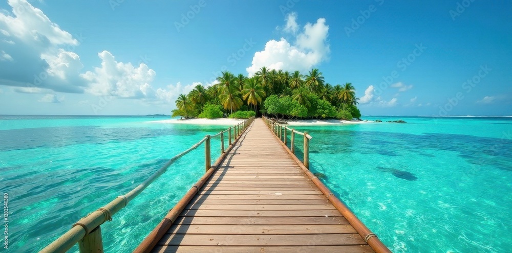 Bamboo bridge arcs over turquoise sea, leading to lush island , wanderlust, discovery Bamboo bridge arcs over turquoise sea, leading to lush island , wanderlust, discovery