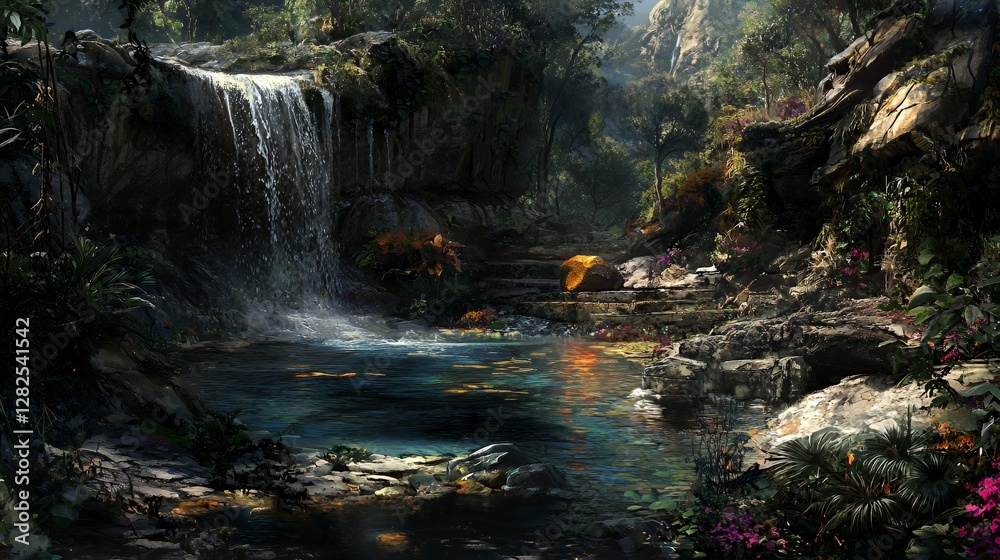 Fototapeta premium Lush Forest Waterfall Landscape With Sunlight and Pool