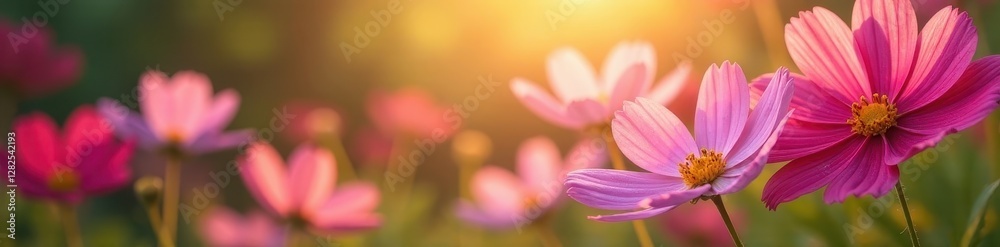 Fototapeta premium Cosmos flowers in full bloom, sunlight on petals , light, botany, pink