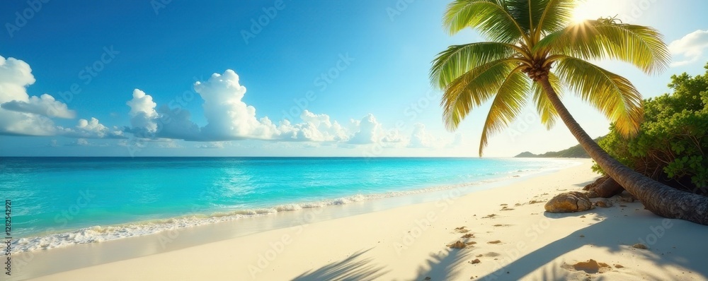 Obraz premium Golden sand, palm silhouette, azure sea, distant isle, travel, sun, paradise