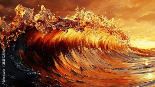 A large ocean wave crests under a fiery orange sky