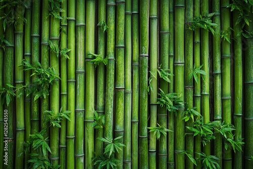 Bamboo background with copy space, texture of a bamboo fence wall in a forest for design. Green nature pattern with space to add text or a message. Stock photo. 