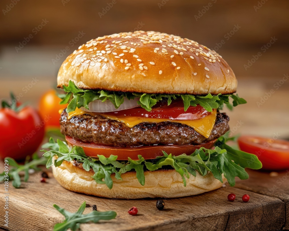 A mouthwatering beef burger topped with melted cheese, fresh lettuce, and a toasted bun, capturing the essence of comfort food. Perfect for food, restaurant, and lifestyle themes.