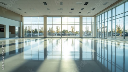 An empty dealership showroom with spacious layout and sleek design. Featuring natural light and polished floors