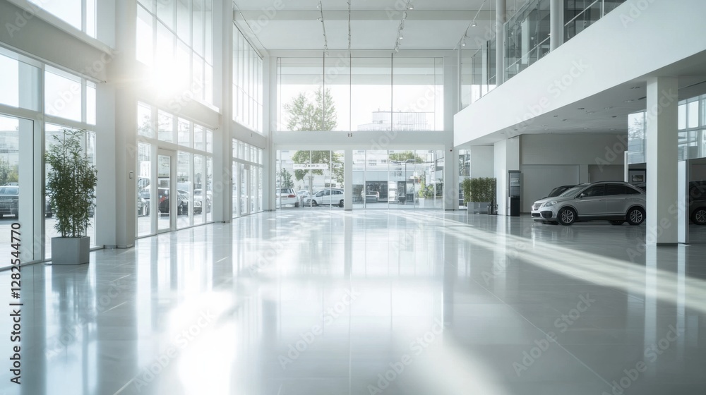 An empty dealership showroom with spacious open layout and bright lighting. Featuring clean lines and polished floors An empty dealership showroom with spacious open layout and bright lighting. Featuring clean lines and polished floors