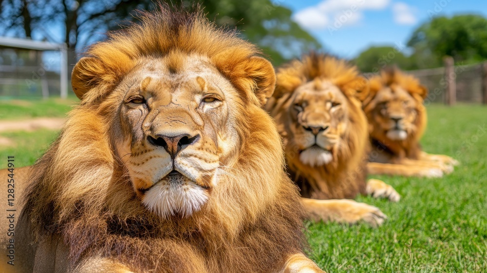 Majestic Lions Relaxing Under the Sun in Natural Habitat Majestic Lions Relaxing Under the Sun in Natural Habitat