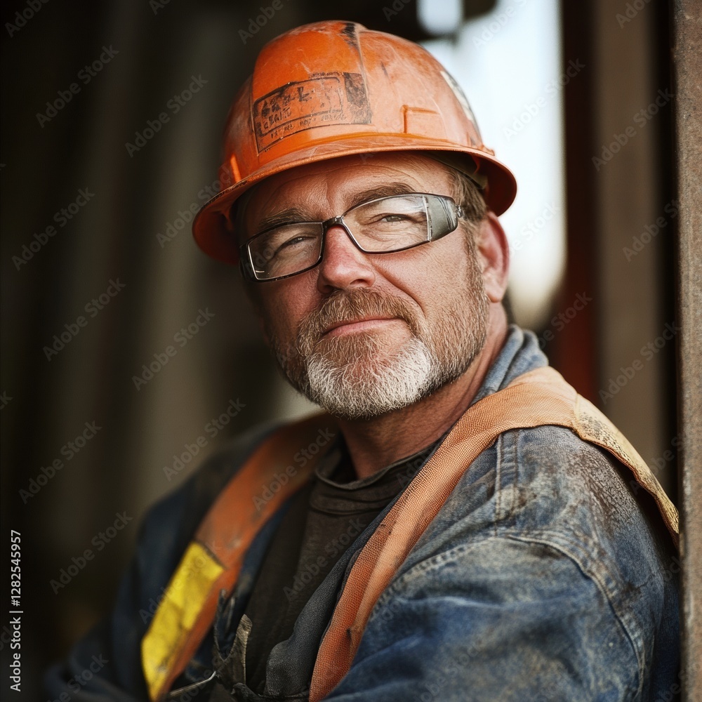 Skilled construction worker posing confidently at a job site during a sunny afternoon. Generative AI