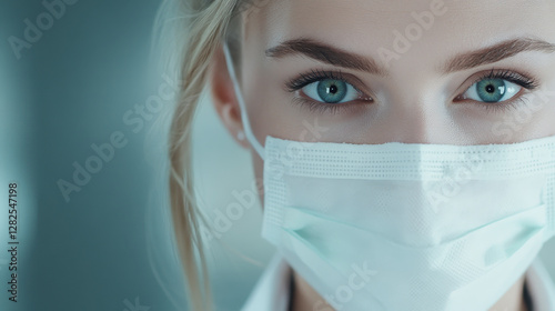 Close-Up Portrait of a Woman Wearing a Surgical Mask with Blue Eyes