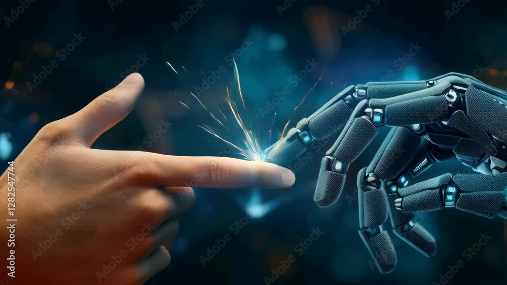A human hand and robot finger touch each other, with digital data flowing between them in the background represents machine learning technology and artificial intelligence concepts
