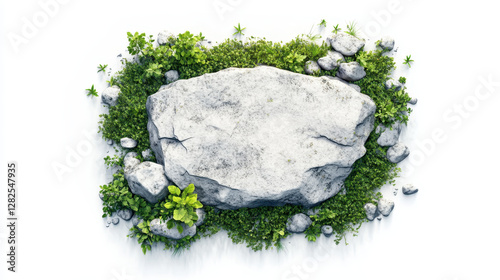 Textured Rock Surrounded by Lush Greenery and Small Plants