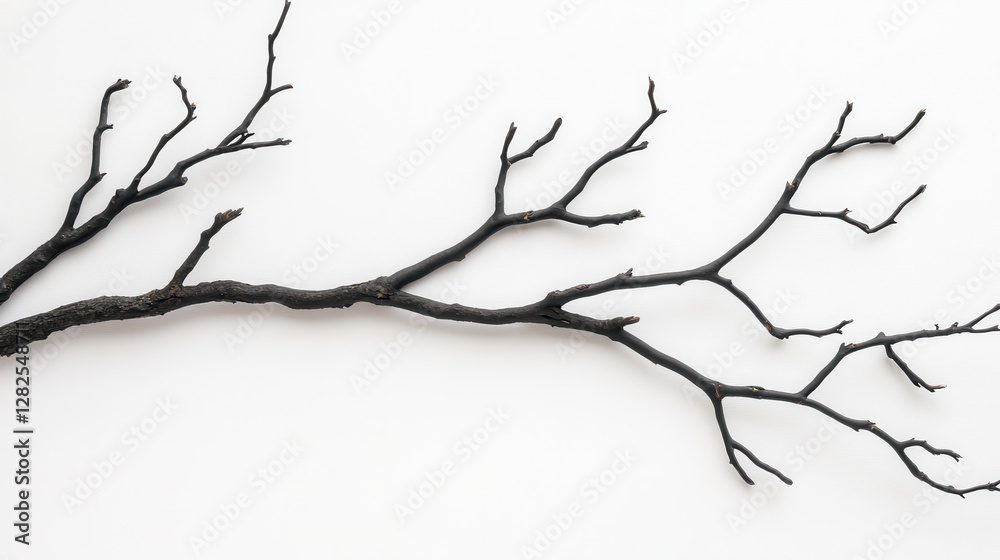 Fototapeta premium Black Dry Branch with Twisted Twigs on White Background Surface