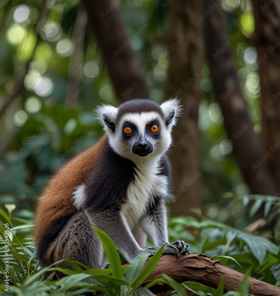 Obraz premium A Heartwarming Moment: Lemur Carrying Baby in Lush Tropical Forest Surrounded by Exotic Flora and Natural Beauty, Showcasing the Bond Between Mother and Offspring in Wildlife Photography See Less Ai g