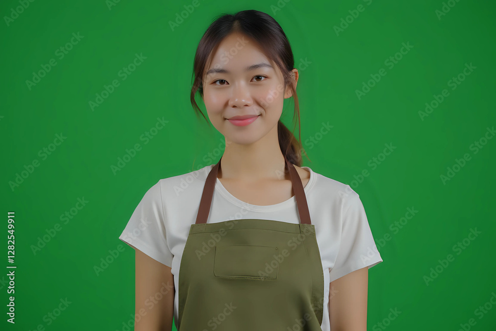 portrait of woman wearing apron on green background portrait of woman wearing apron on green background