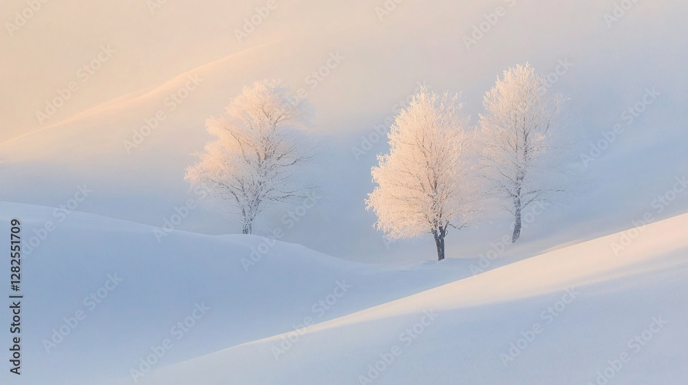 Snow covered hills and frozen trees during sunset in winter Snow covered hills and frozen trees during sunset in winter