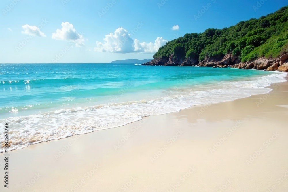 Soft white sand meets gentle turquoise waves, idyllic beach scene , bright, image Soft white sand meets gentle turquoise waves, idyllic beach scene , bright, image