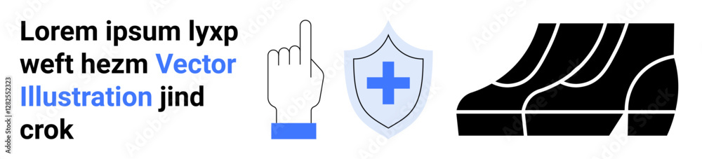 Fototapeta premium Hand with raised finger, shield icon with medical cross, and footwear soles emphasizing safety. Ideal for healthcare, insurance, footwear, medical, protection safety and branding. Flat landing page