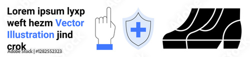 Hand with raised finger, shield icon with medical cross, and footwear soles emphasizing safety. Ideal for healthcare, insurance, footwear, medical, protection safety and branding. Flat landing page