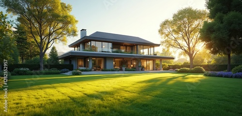Fototapeta Naklejka Na Ścianę i Meble -  Large modern house has big yard with tree at background. Green lawn, nature and garden design. Spring meadow with summer sunlight shines on eco friendly home exterior.