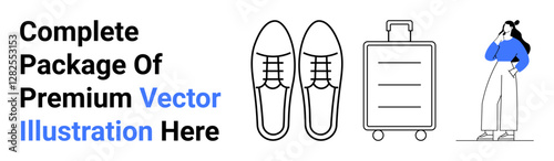 Minimal outlines showcase leather shoes, rolling suitcase, and a thoughtful woman. Ideal for travel packing, fashion, holiday planning, business trips, lifestyle, tourism flat landing page banner