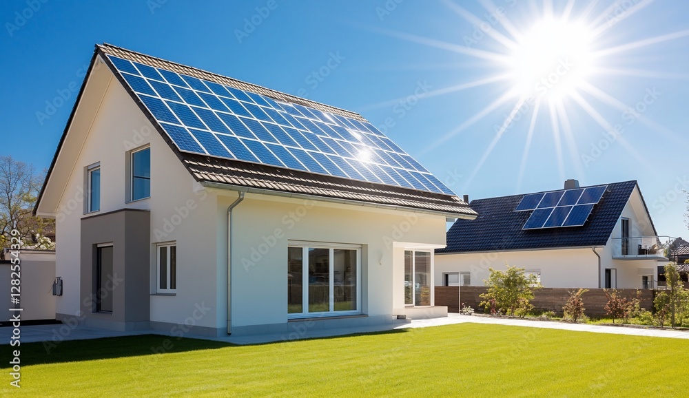 Modern homes with solar panels under a bright sun in a suburban setting Modern homes with solar panels under a bright sun in a suburban setting