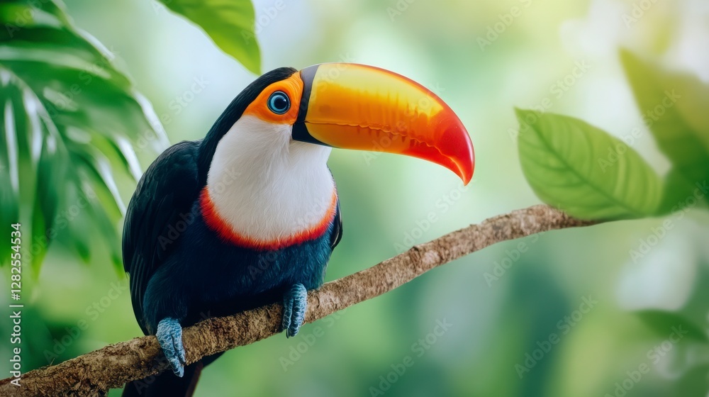 Fototapeta premium Vibrant Toucan with Colorful Beak Perched on Tree Branch in Jungle