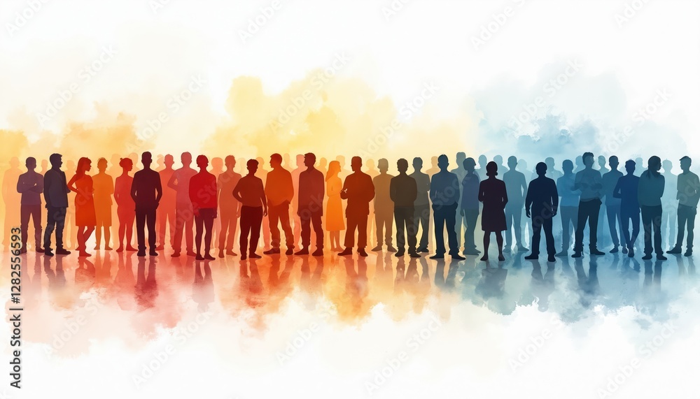 Silhouetted diverse crowd of people stand together. Abstract illustration human figures show unity, connection and communication. Teamwork or community concept with anonymous group of men and women. Silhouetted diverse crowd of people stand together. Abstract illustration human figures show unity, connection and communication. Teamwork or community concept with anonymous group of men and women.