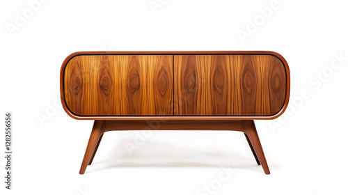 A mid-century modern sideboard with a walnut wood finish and tapered legs,  on a  white background. 