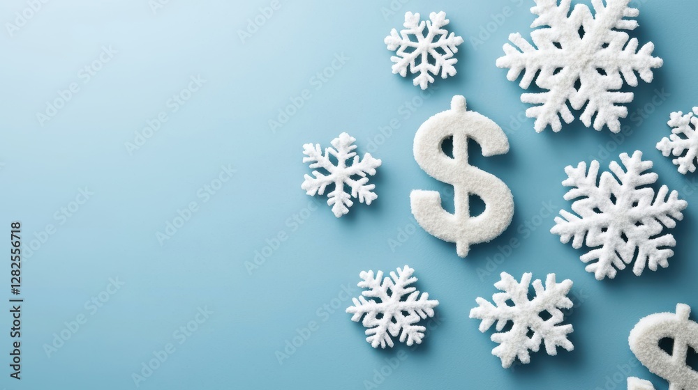 Naklejka premium Dollar sign with snowflakes on a blue background